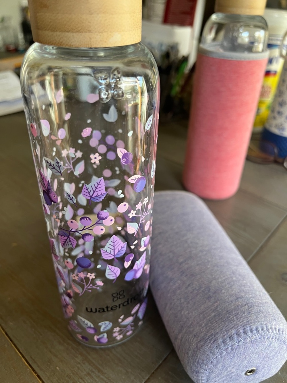 Waterdrop Floral Glass Bottle with Bamboo Lid - Purple